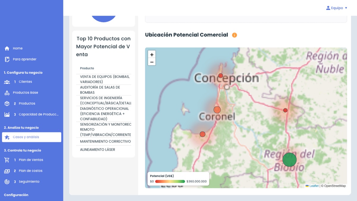 Plan2Sell — Mapa de calor del potencial de mercado por comuna del Biobío